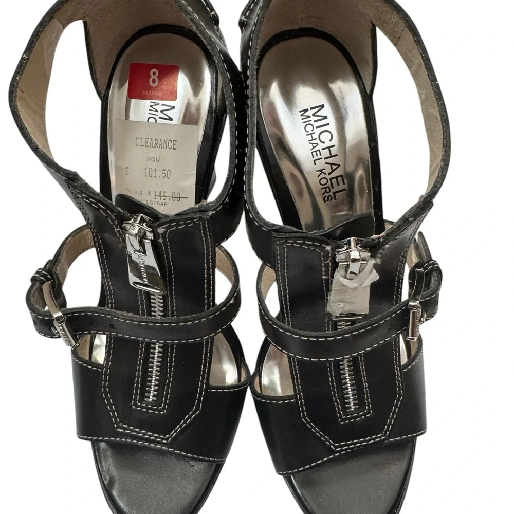 NWT Michael Michael Kors Black Platform Ankle Strap Heeled Sandals Size 8 - Picture 3 of 12